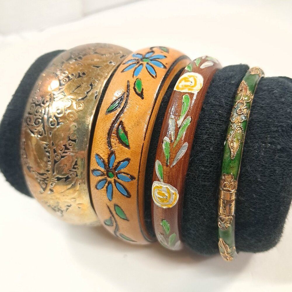 Bracelet Bangle Set 4 Green Cloisonne‎ Wood Floral Silver Ivy Leaf blue daisy